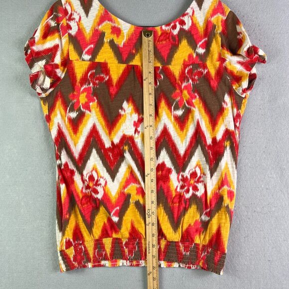 Lucky Brand Top Womens L Pullover Red Yellow Floral Metal Buttons Elastic Hem - Picture 12 of 12